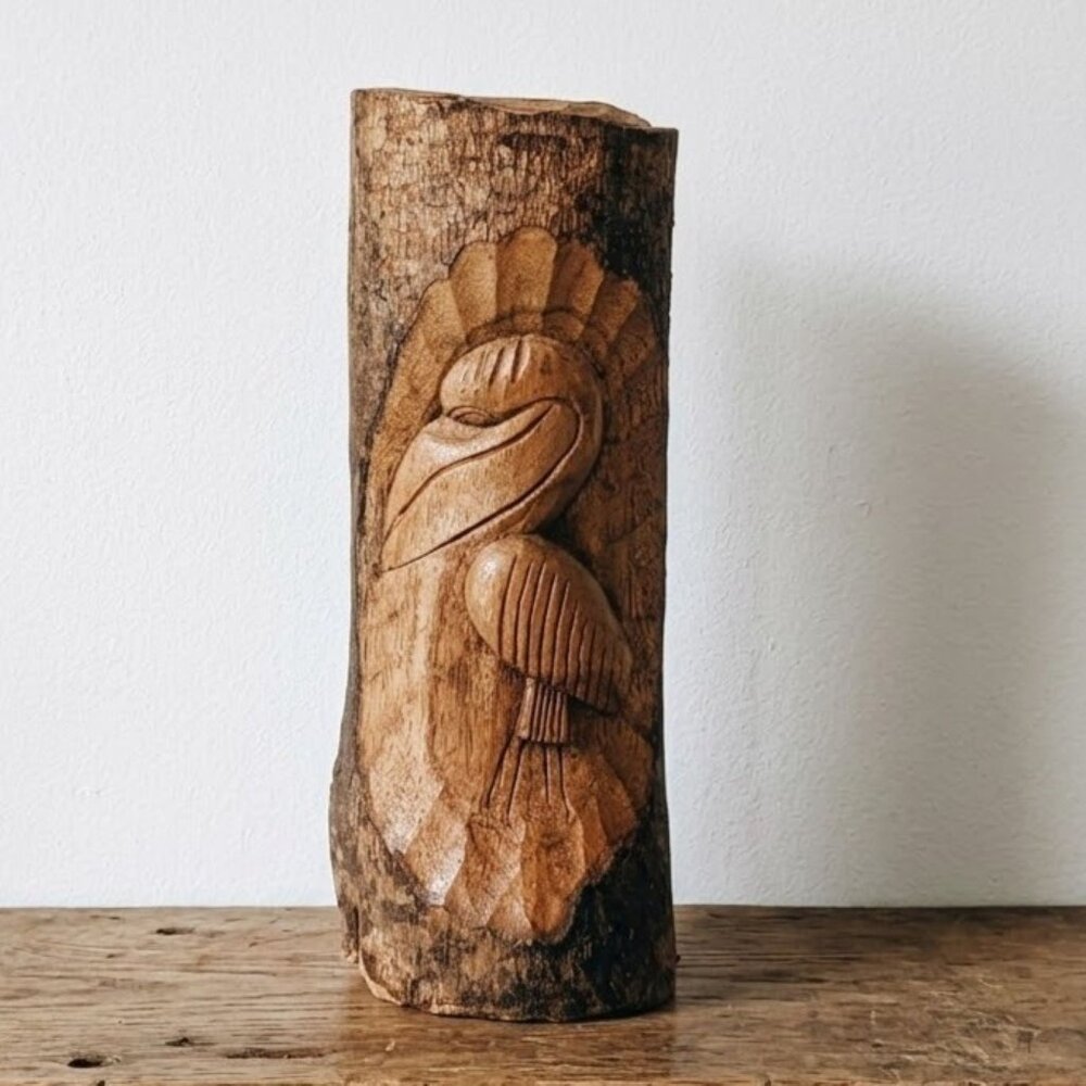 Vintage Wooden Pelican Carving 3D Beach Coastal Decor Handcrafted Tree Bark